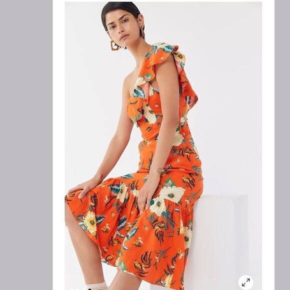Urban Outfitters Carmen Orange Floral One-Shoulder Midi Dress Size XS - Picture 2 of 9